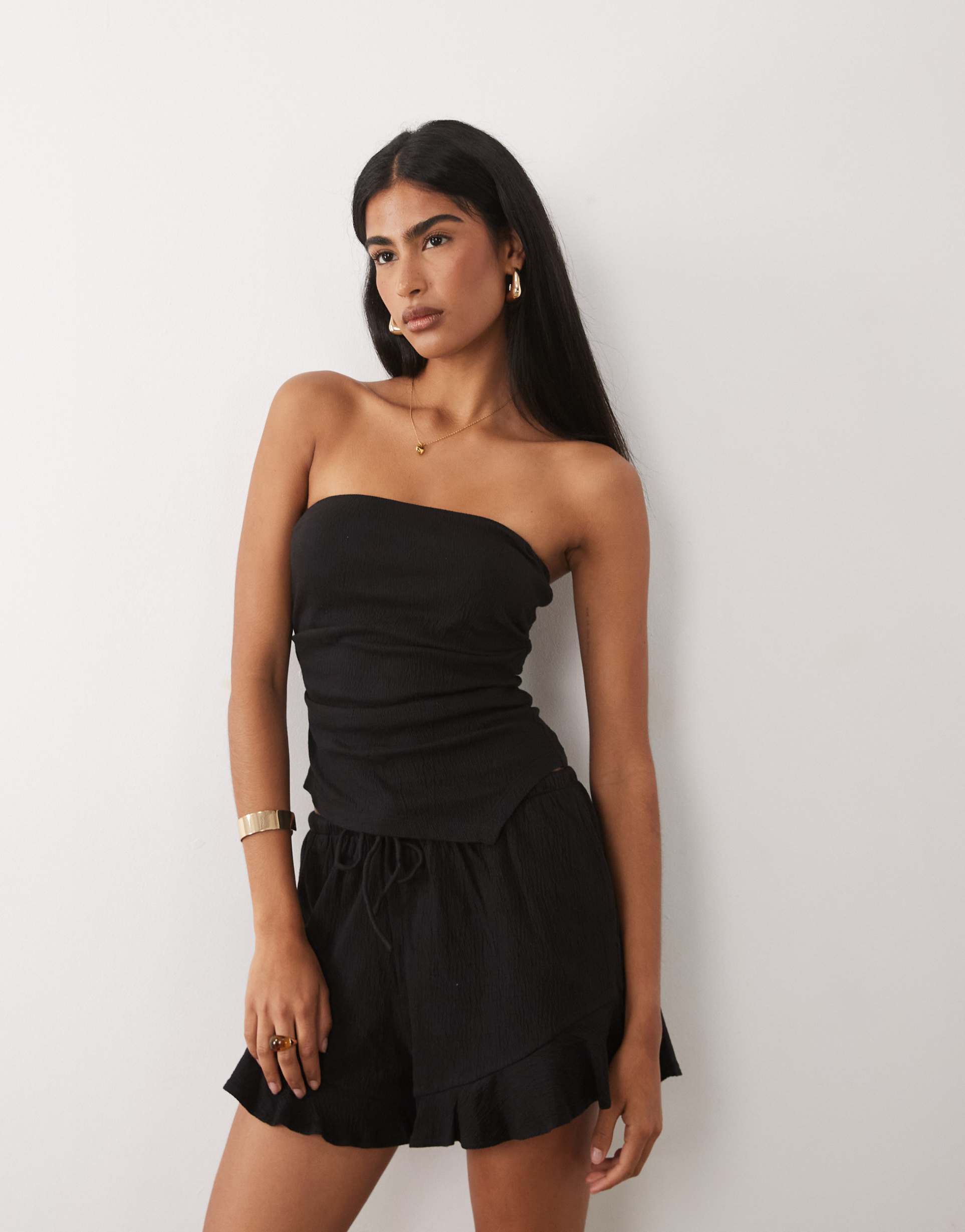 asos design mix & match cotton crinkle asymmetric bandeau top in black