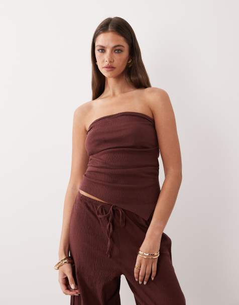 ASOS DESIGN mix & match cotton crinkle asymmetric bandeau top in chocolate - view 1