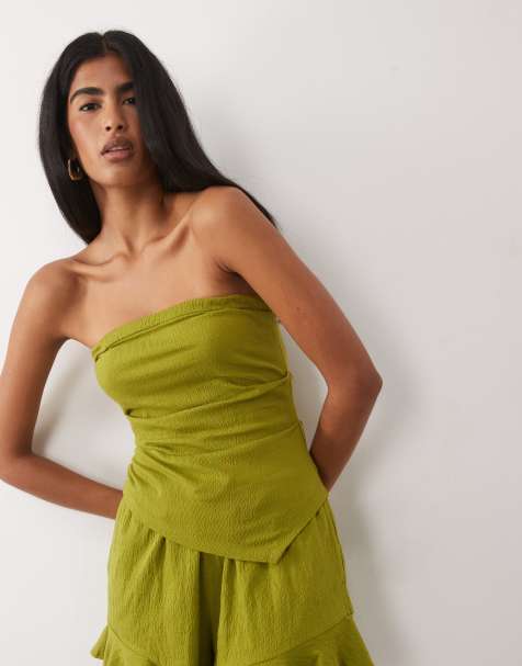 ASOS DESIGN mix & match cotton crinkle asymmetric bandeau top in green - view 1