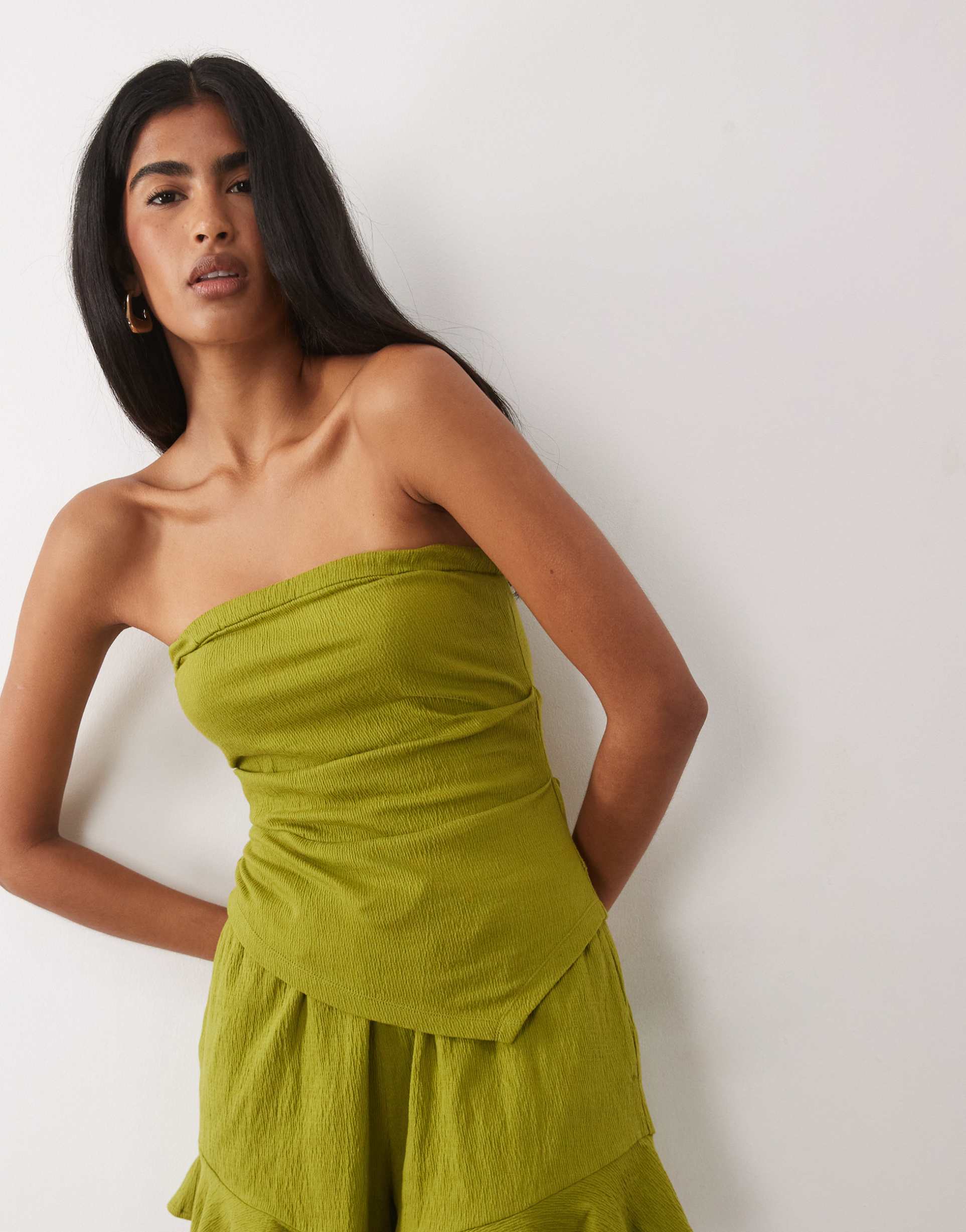 asos design mix & match cotton crinkle asymmetric bandeau top in green