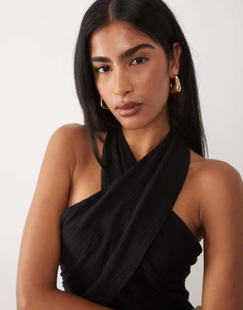ASOS DESIGN mix & match cotton crinkle crossover halter neck top in black - view 1