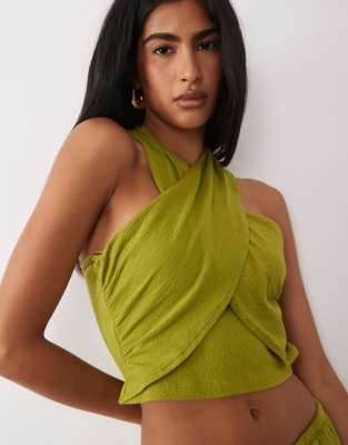 ASOS DESIGN mix & match cotton crinkle crossover halter neck top in green