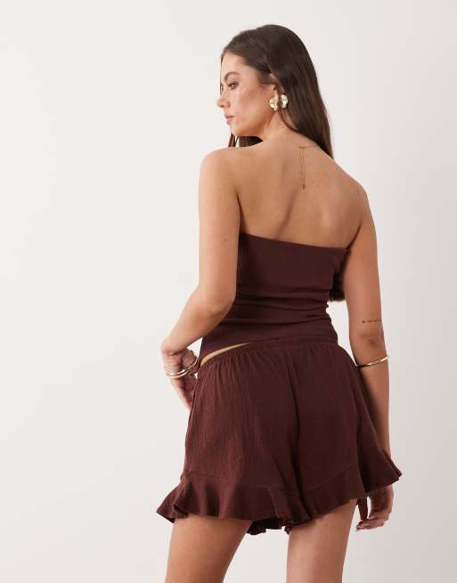 ASOS DESIGN mix & match cotton crinkle ruffle hem short in chocolate, 3 of 5