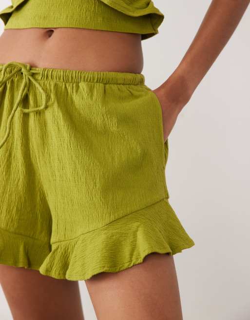 ASOS DESIGN Mix & Match cotton crinkle ruffle hem shorts in green, 4 of 5