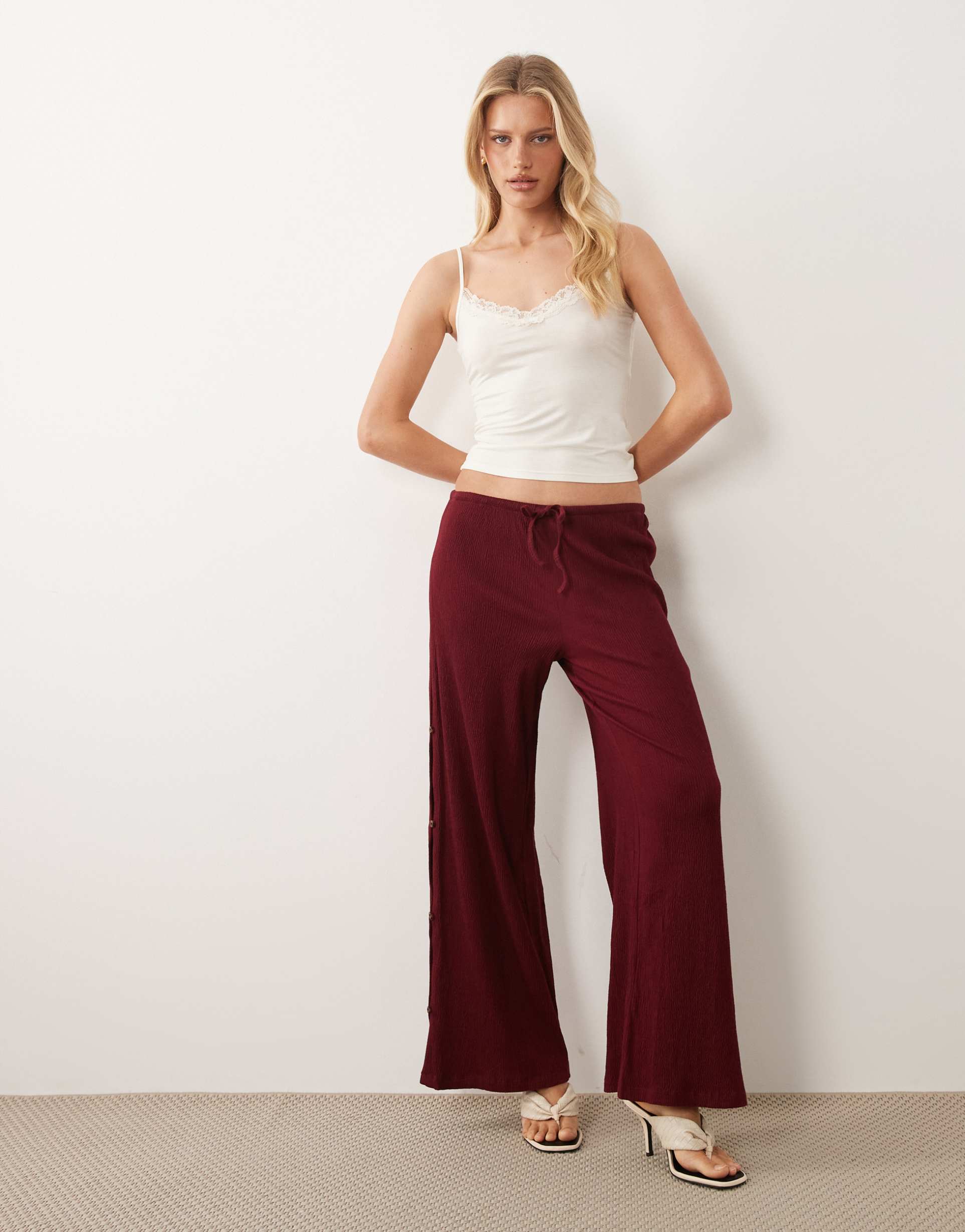 asos design mix & match cotton crinkle wide leg pants in berry