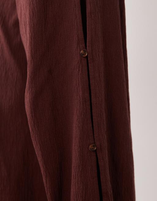 ASOS DESIGN mix & match cotton crinkle wide leg trouser with side button detail in chocolate, 3 of 5