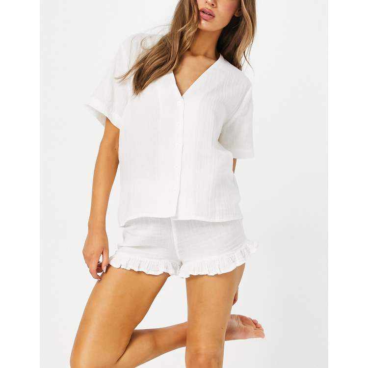 ASOS DESIGN mix & match cotton gauze collarless pajama shirt in