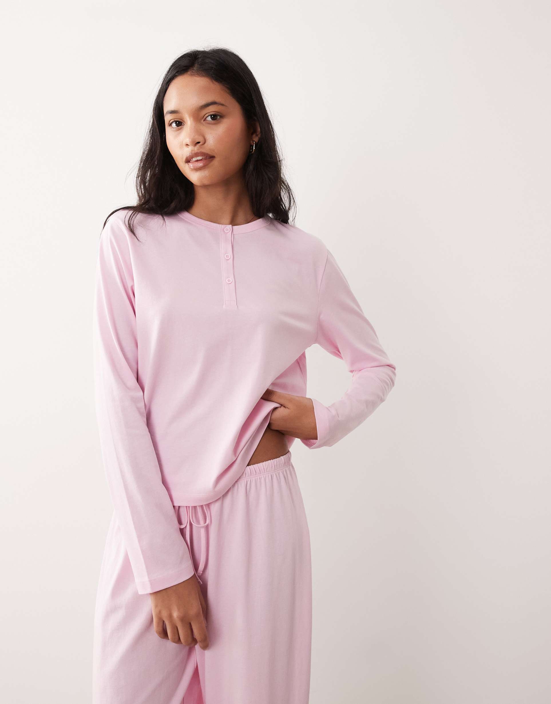 asos design mix & match cotton long sleeve henley neck pajama top in candy pink