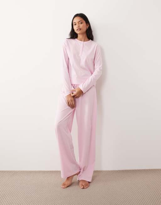 ASOS DESIGN mix & match cotton long sleeve henley neck pajama top in candy pink, 2 of 4