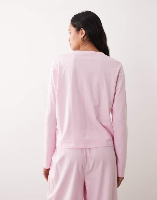 ASOS DESIGN mix & match cotton long sleeve henley neck pajama top in candy pink, 3 of 4