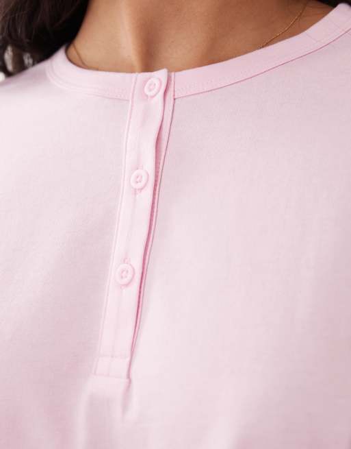 ASOS DESIGN mix & match cotton long sleeve henley neck pajama top in candy pink, 4 of 4