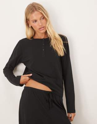 Asos Design Mix & Match Cotton Long Sleeve Henley Pajama Top In Black