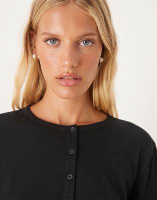 Asos Design Mix & Match Cotton Long Sleeve Henley Pajama Top In Black