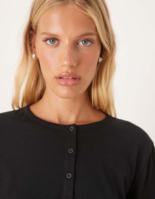 ASOS DESIGN mix & match cotton long sleeve henley pajama top in black, 2 of 4