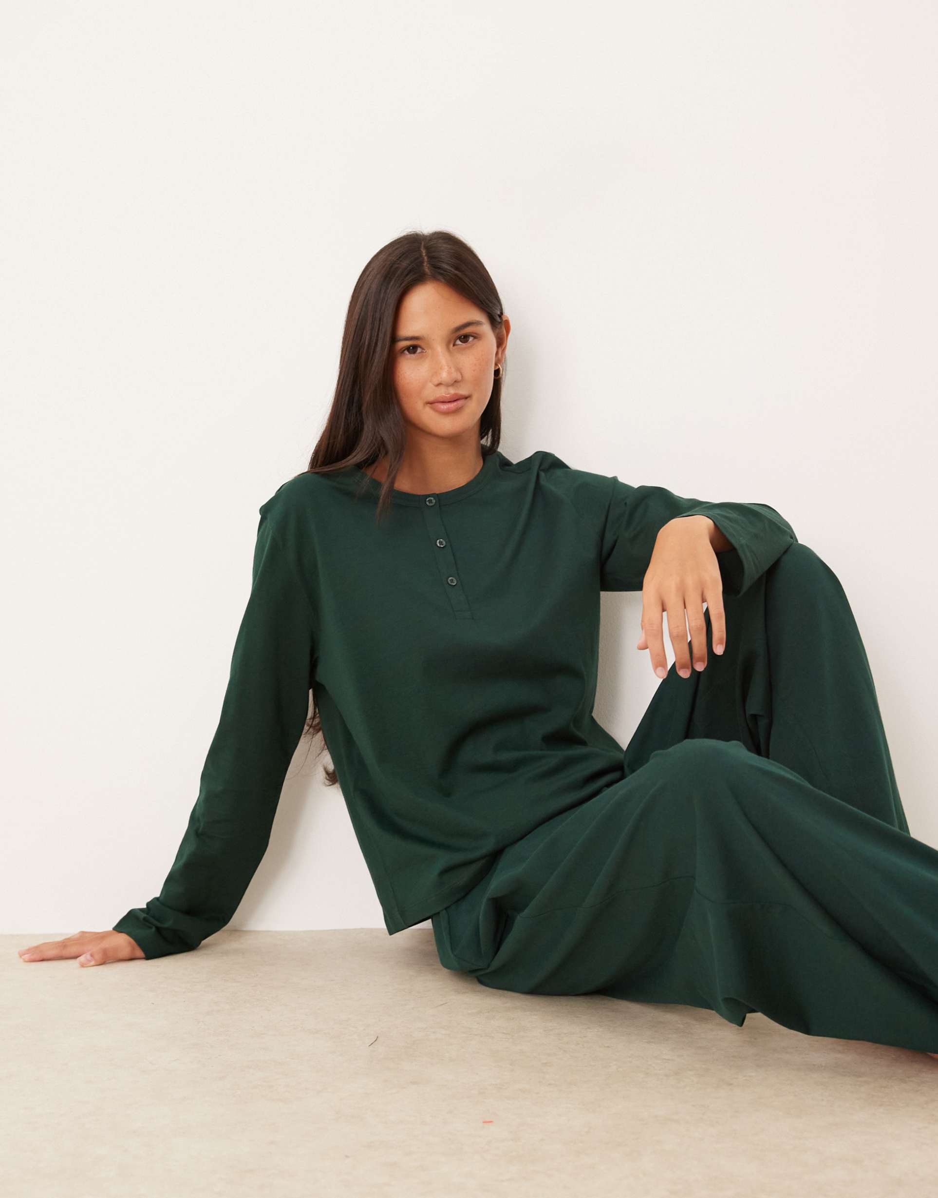 asos design mix & match cotton long sleeve henley pajama top in forest green