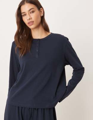 Asos Design Mix & Match Cotton Long Sleeve Henley Pajama Top In Blue