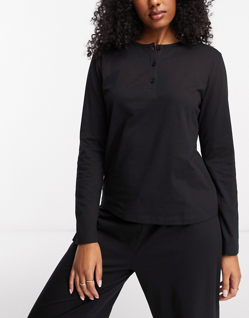 ASOS DESIGN mix & match cotton long sleeve henley pyjama top in black