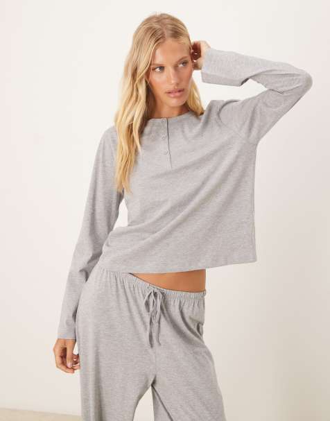 ASOS DESIGN mix & match cotton long sleeve henley pyjama top in grey - view 1