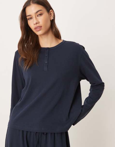 ASOS DESIGN mix & match cotton long sleeve henley pyjama top in navy - view 1