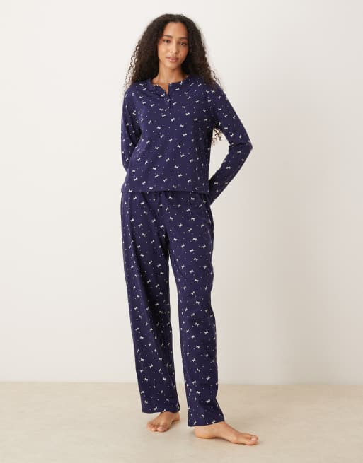 ASOS DESIGN mix & match cotton long sleeve henley pyjama top navy bow print, 2 of 4