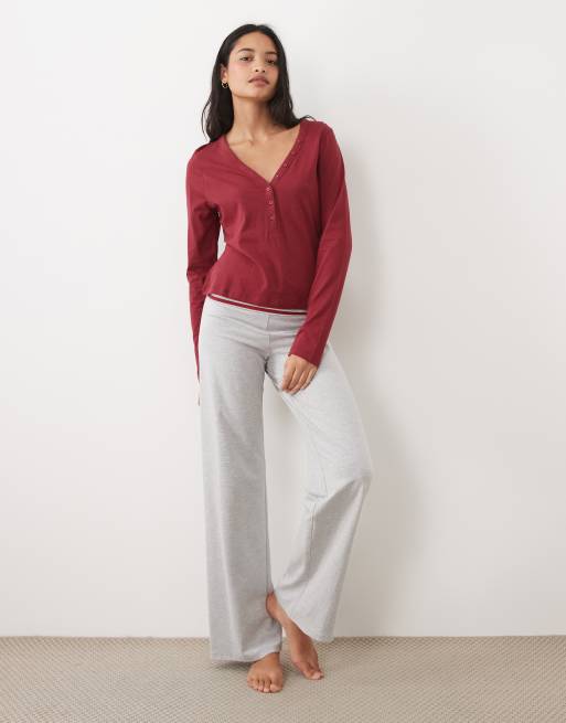 ASOS DESIGN mix & match cotton long sleeve plunge henley pyjama top in burgundy, 2 of 4