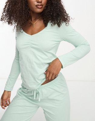 ASOS DESIGN mix & match cotton long sleeve pyjama top with picot trim in sage