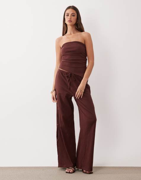 ASOS DESIGN mix & match cotton look crinkle wide leg pants with side button detail in chocolate - view 1