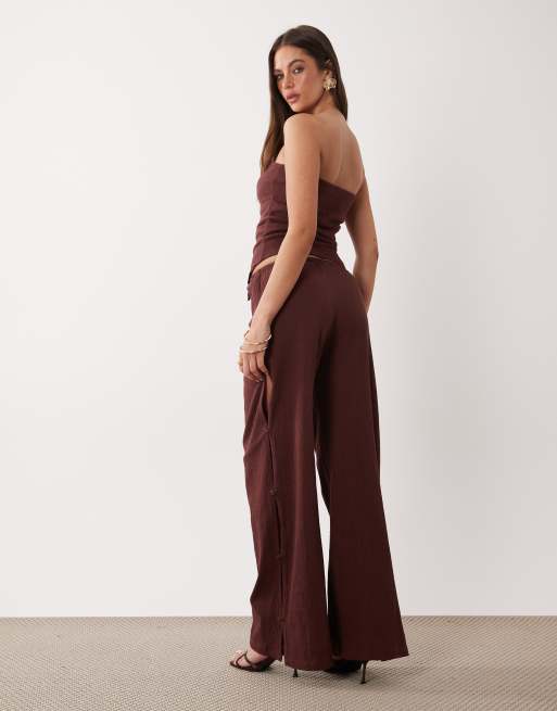 ASOS DESIGN mix & match cotton look crinkle wide leg pants with side button detail in chocolate, 4 of 5