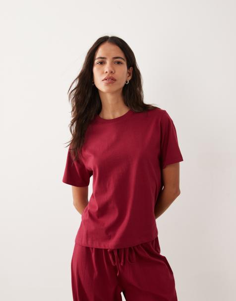 ASOS DESIGN mix & match cotton oversized pyjama tee in burgundy - view 1