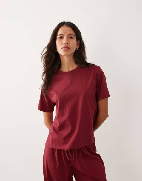 ASOS DESIGN mix & match cotton oversized pyjama tee in burgundy - view 1