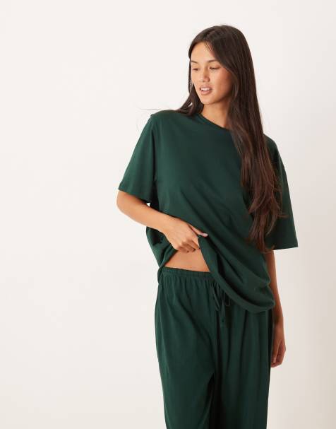 ASOS DESIGN mix & match cotton oversized pyjama tee in forest green - view 1