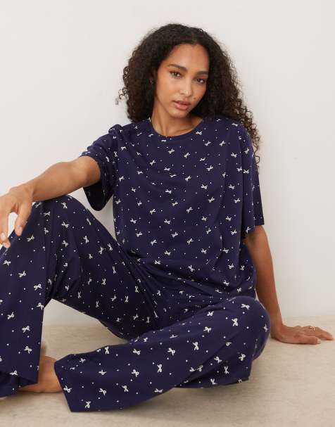 ASOS DESIGN mix & match cotton oversized pyjama tee in navy bow print - view 1