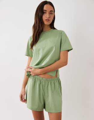 Asos Design Mix & Match Cotton Pajama Flippy Shorts In Green
