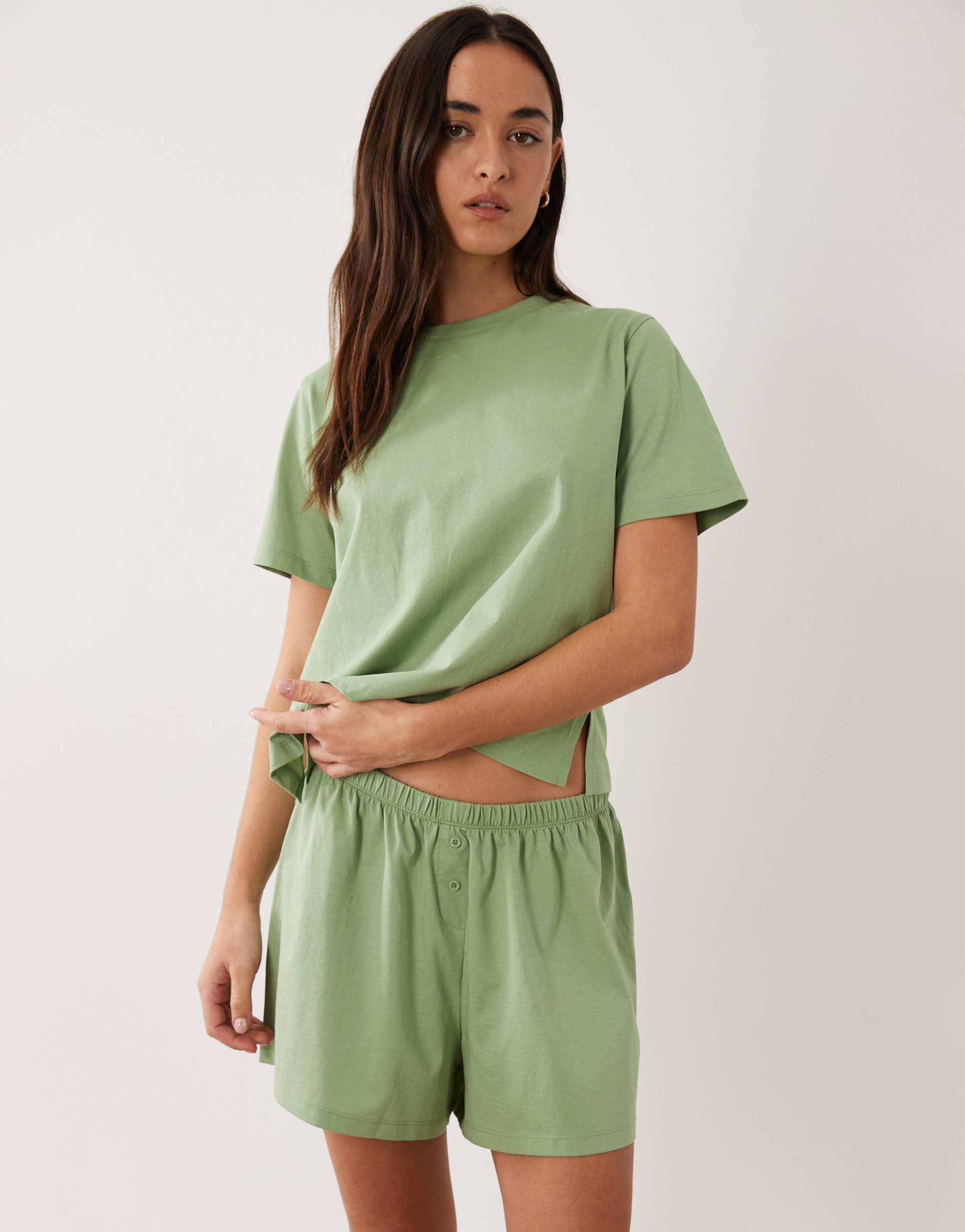 asos design mix & match cotton pajama flippy shorts in sage green