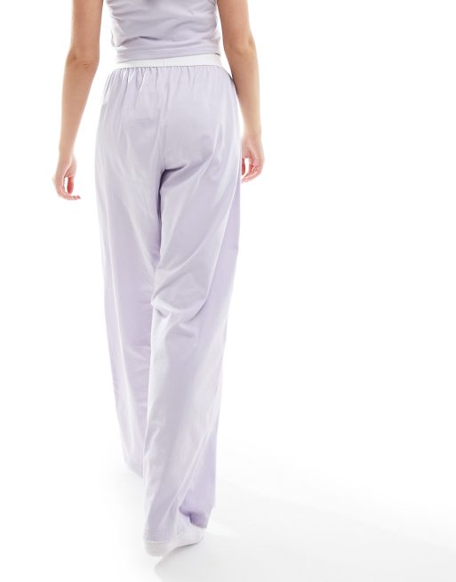 ASOS DESIGN Petite cotton pajama pants with exposed waistband and picot  trim in lilac