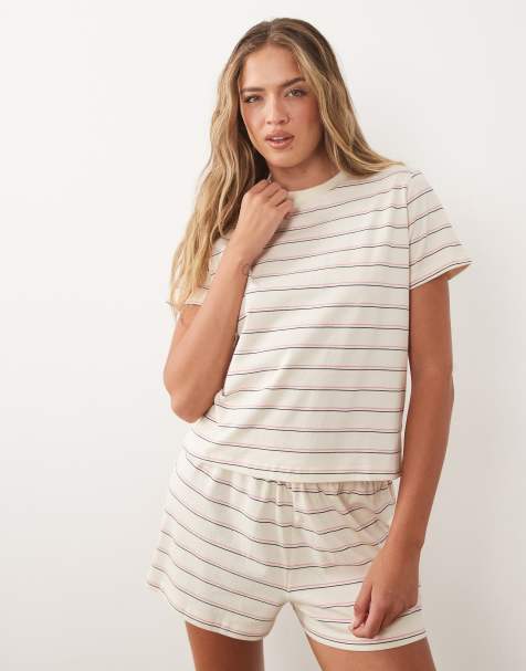 ASOS DESIGN mix & match cotton pyjama oversized tee with side splits in cream stripe - view 1
