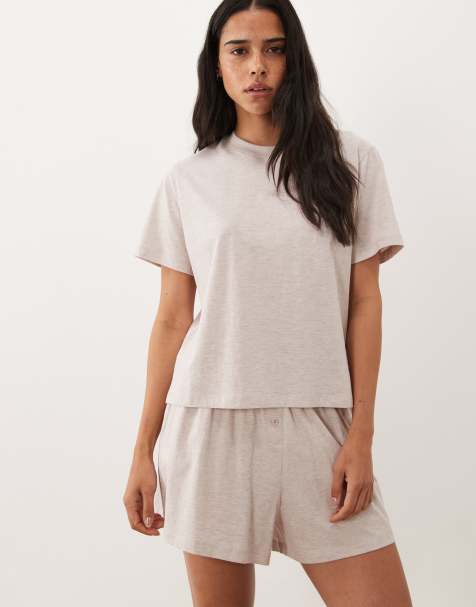 ASOS DESIGN mix & match cotton pyjama oversized tee with side splits in oatmeal marl - view 1
