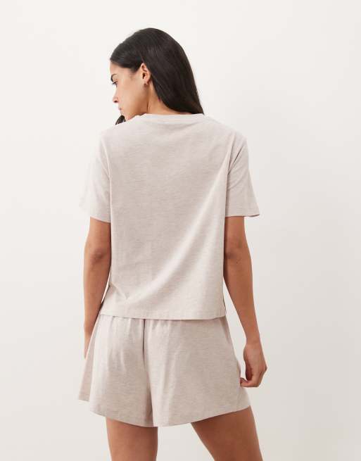 ASOS DESIGN mix & match cotton pyjama oversized tee with side splits in oatmeal marl, 4 of 4