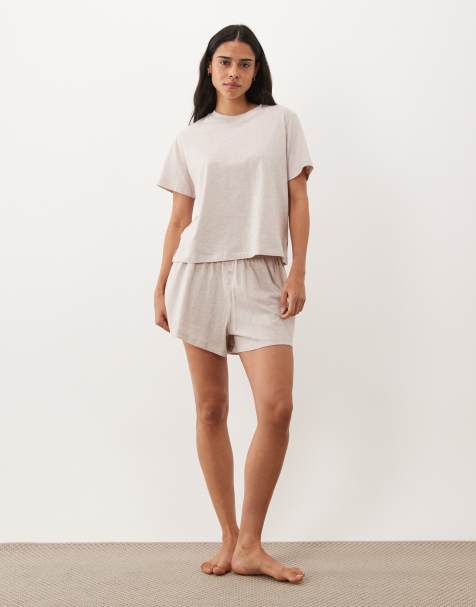 ASOS DESIGN mix & match cotton pyjama short in oatmeal marl - view 1