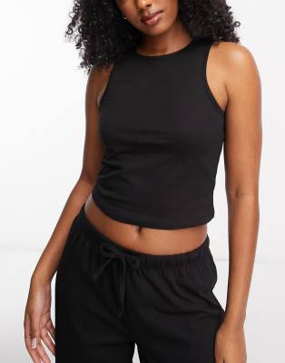 ASOS DESIGN mix & match cotton racer front pyjama vest in black