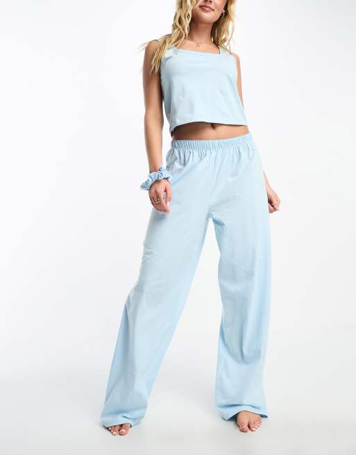 ASOS DESIGN mix & match cotton square neck pajama tank top with picot trim  and scrunchie in blue