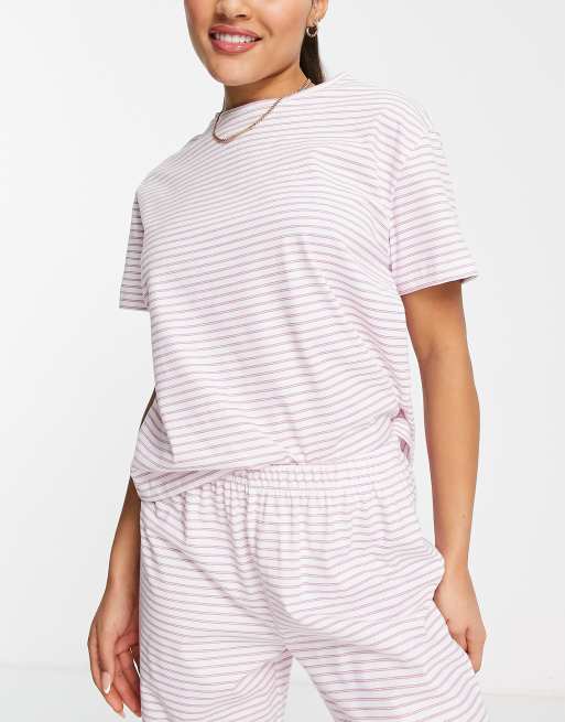 ASOS DESIGN mix & match cotton stripe pyjama tee in white & lilac - MULTI