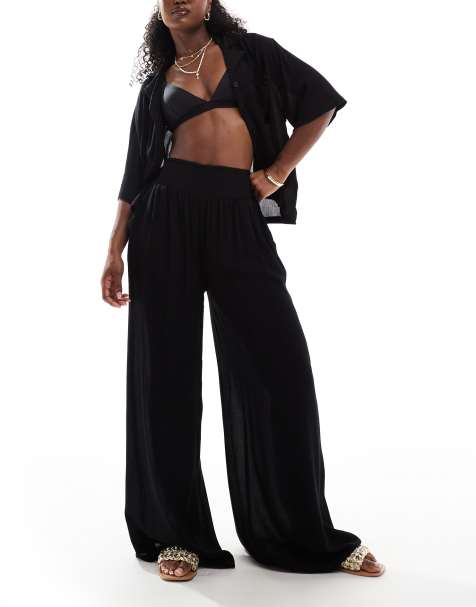 ASOS DESIGN mix & match crinkle beach trouser in black  - view 1