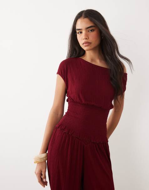 ASOS DESIGN mix & match crinkle shirred off shoulder top in berry - view 1