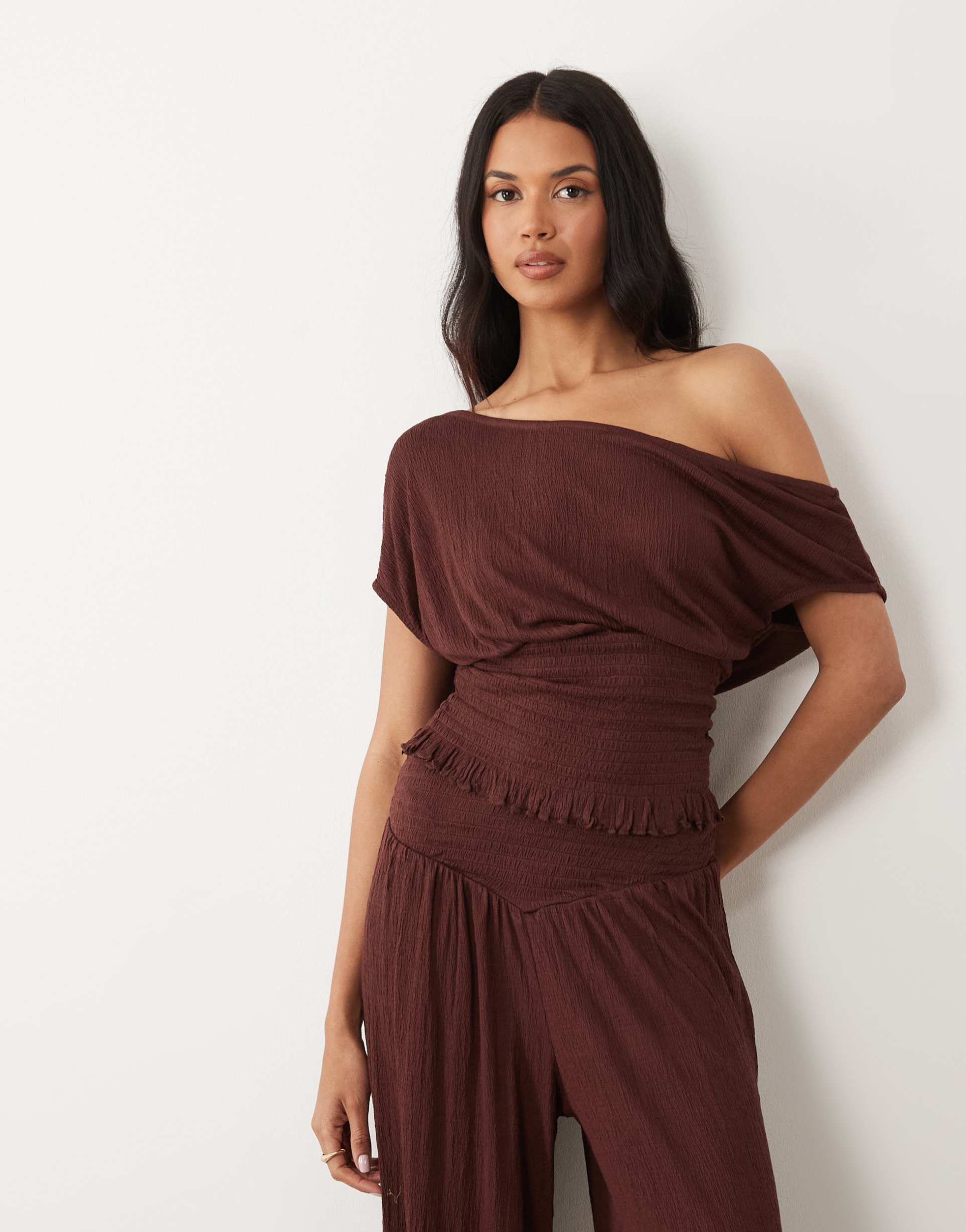 asos design mix & match crinkle shirred off shoulder top in chocolate
