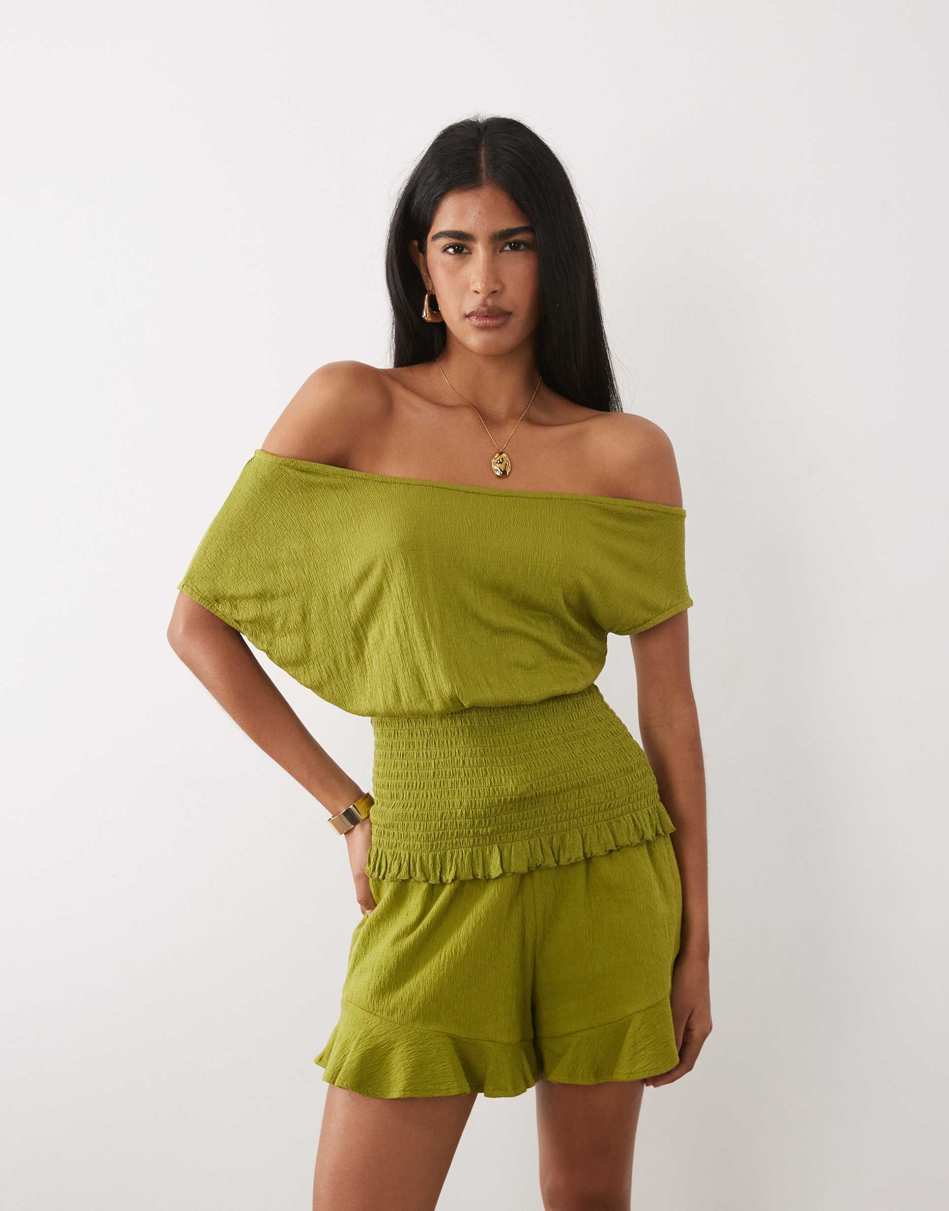 asos design mix & match crinkle shirred off shoulder top in green