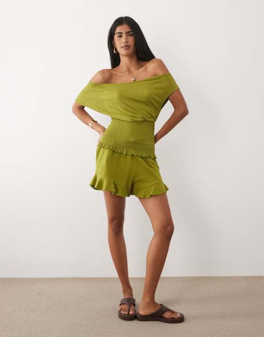 ASOS DESIGN mix & match crinkle shirred off shoulder top in green, 2 of 4