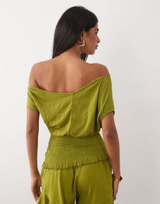 ASOS DESIGN mix & match crinkle shirred off shoulder top in green, 4 of 4