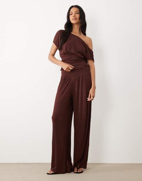 ASOS DESIGN mix & match crinkle shirred wide leg pants in chocolate - view 1