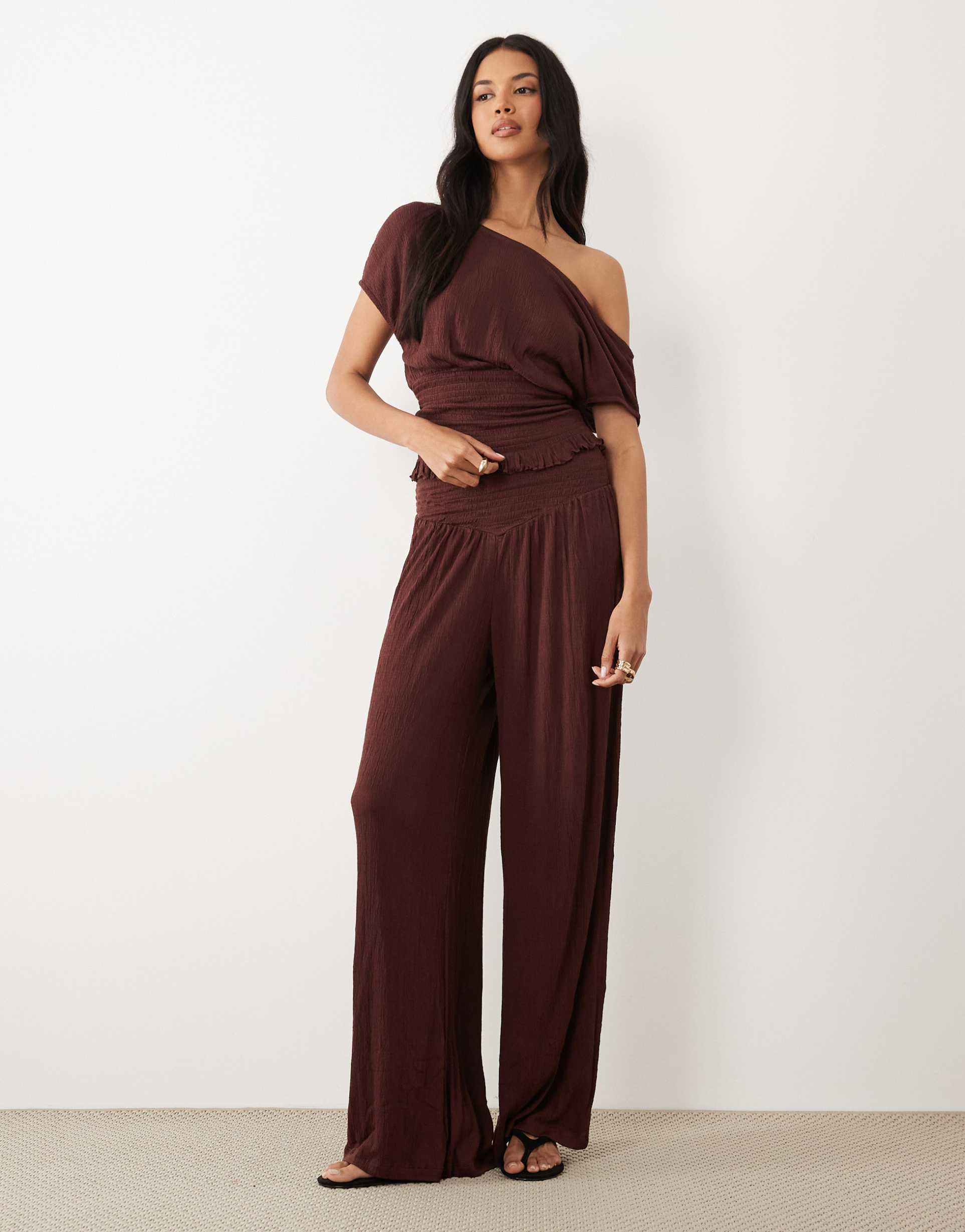 asos design mix & match crinkle shirred wide leg pants in chocolate